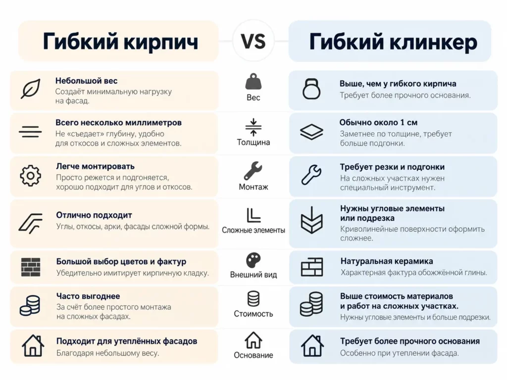 Сравнение гибкого кирпича и клинкера по весу, толщине, монтажу, стоимости и требованиям к основанию